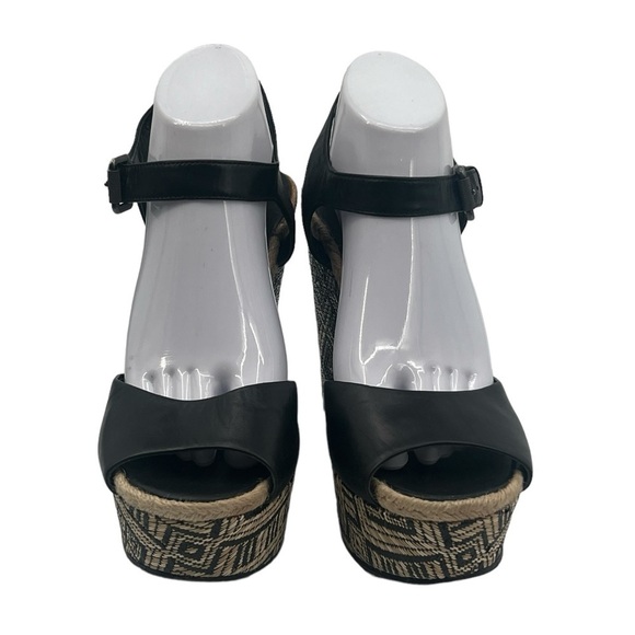 Vera Wang Black Leather Geometric Print Wedge Platform Sandals Size 10 Women’s - Picture 3 of 12